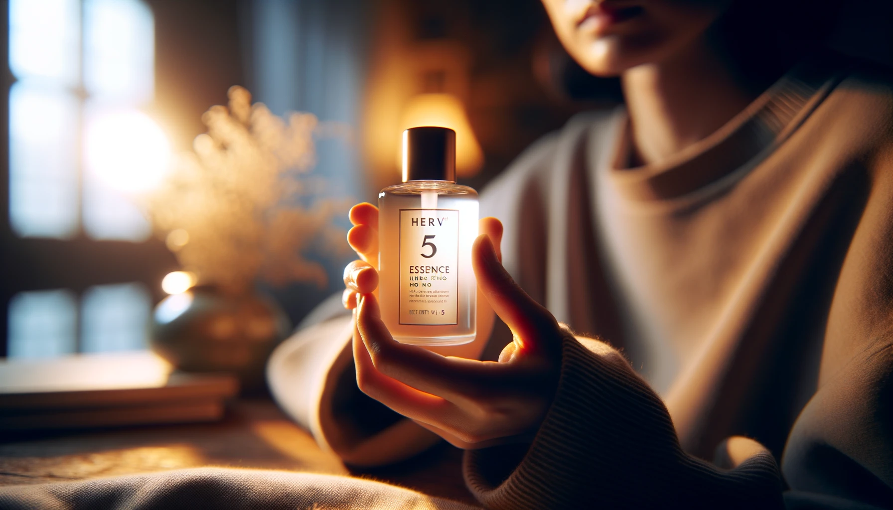 DALL·E 2024-02-18 15.52.18 - A close-up image of a person holding HERV Essence Hero No. 5 bottle gently in their hands, with focus on the product and fingers. The background is a