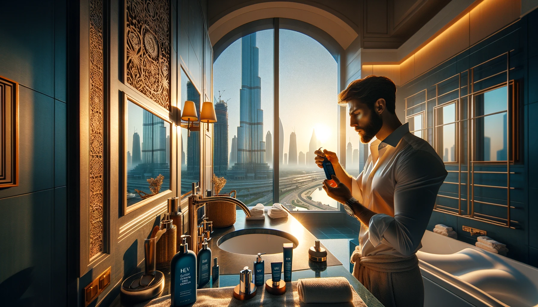 DALL·E 2024-02-19 14.25.58 - Capture a moment of Ahmad, a busy professional in the UAE, as he incorporates his morning skincare routine with HERV products in a luxurious, sunlit b